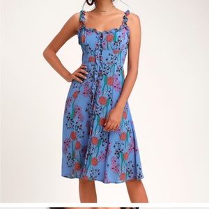 Astr the label blue blended ruffle trim midi dress